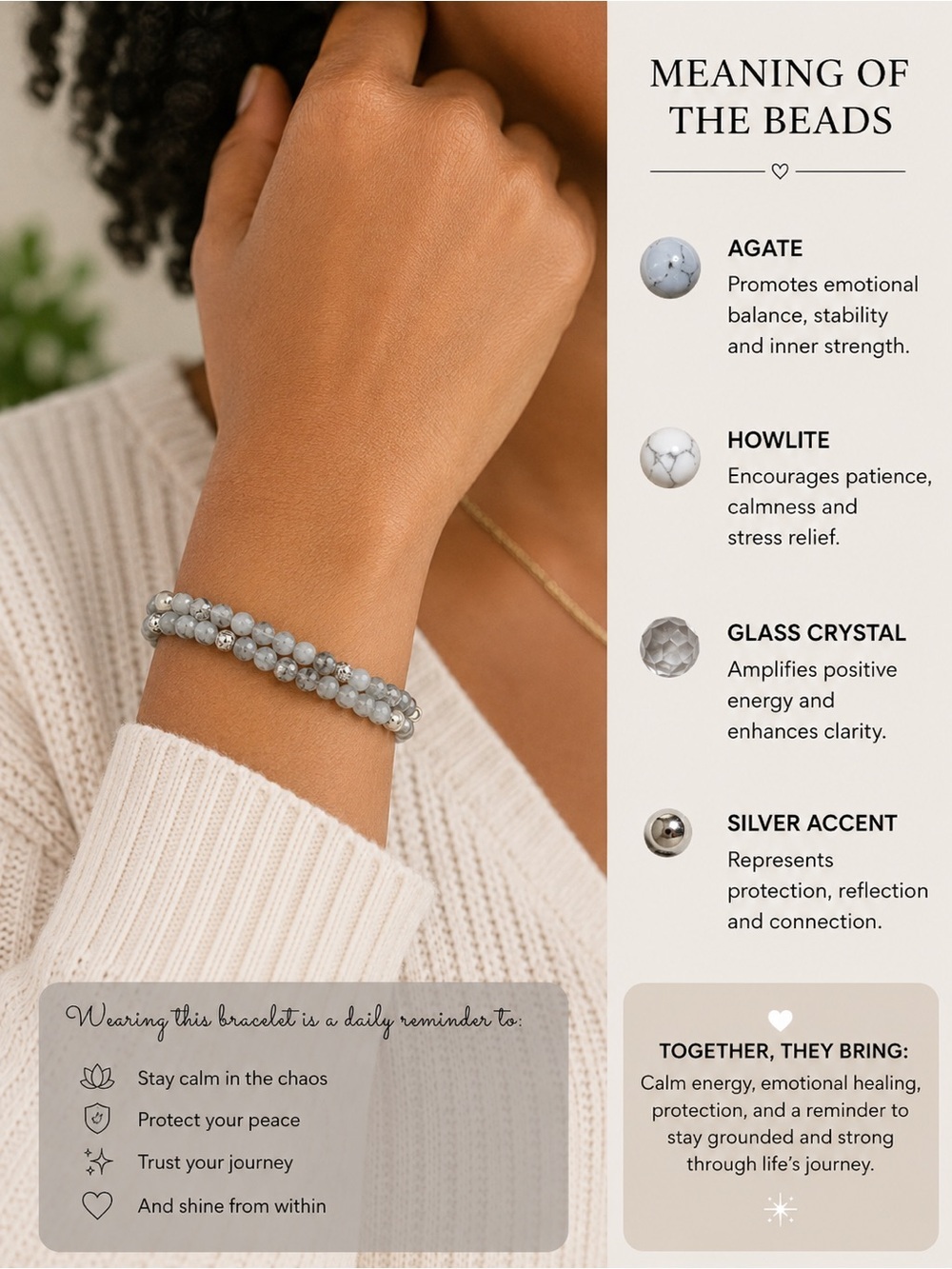Howlite & Agate Silver Accent Beaded Bracelet — Grey